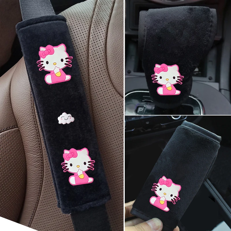 1PC Cute Cartoon Car Gear Shift Knobs Cover Kitty Bow Auto Gear Shift Cases Soft Plush Auto Seat Belt Cover Car Accessories