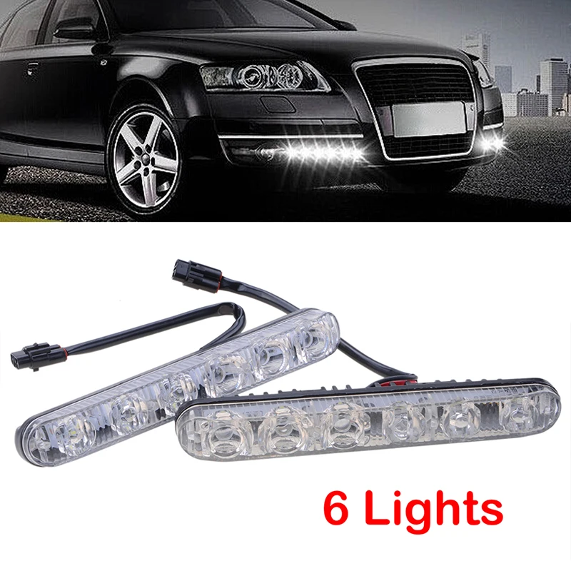 High Quality 2PCS Car DRL Assembly Daytime Running Lights Fog Lamp 6LED Cold White 12V 10000k High/Low Beam Aluminium Housing
