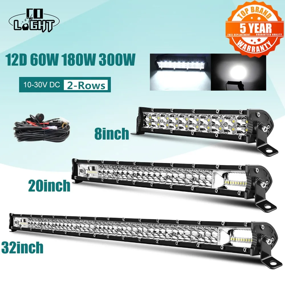 CO LIGHT Super Slim 12D 8" 20" 32" LED Bar Spot Flood Beam LED Light Bar for Tractor Boat Offroad 4WD 4x4 Trucks SUV ATV 12V 24V