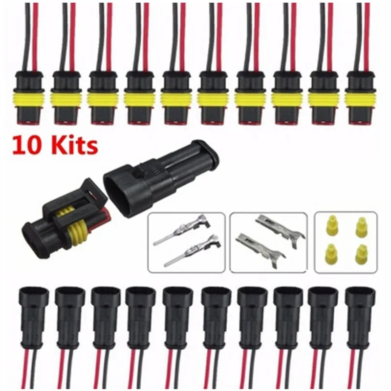 10 Kits 2 Pin Way Sealed Waterproof Electrical Wire Connector Plug Car Auto Sets New