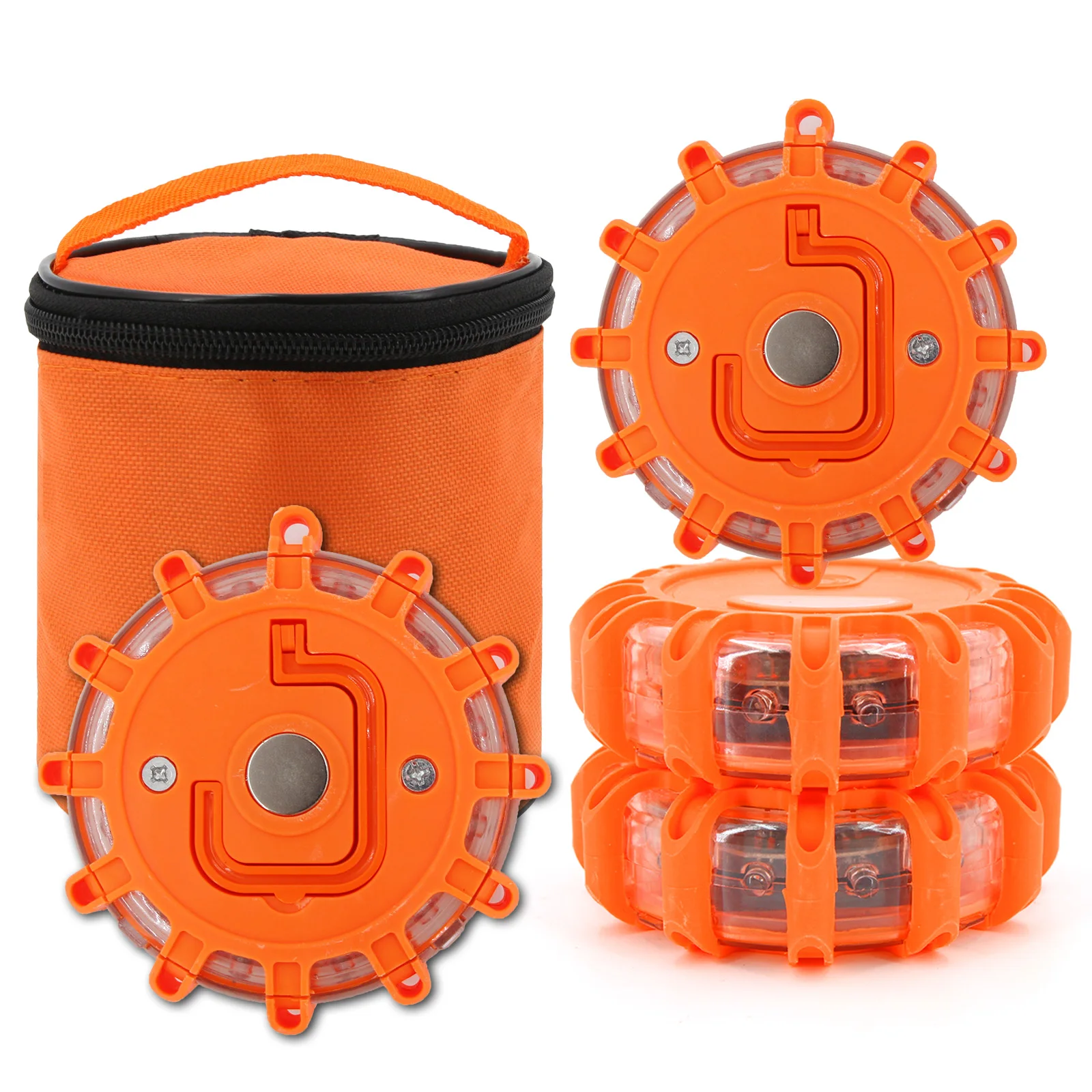 Car LED Road Emergency Light Kit Roadside Safety Discs Flare with Magnetic Base Hooks Carrying 9 Flash Modes Tools Storage Bag