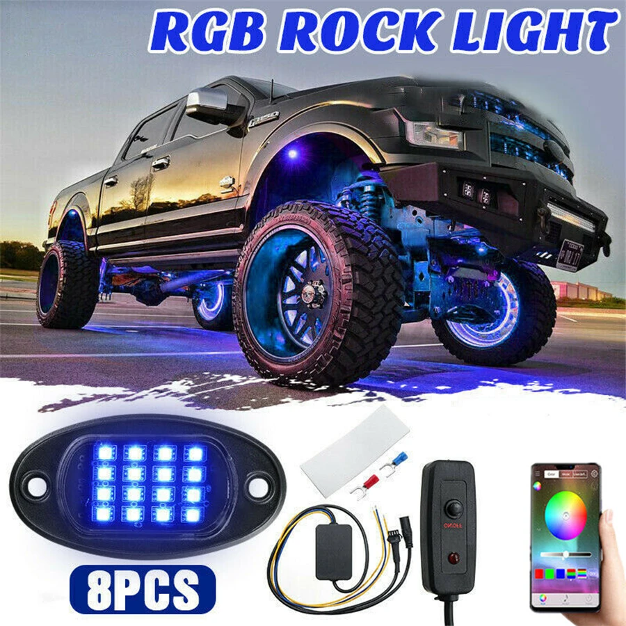 8pcs Car Underbody Neon RGB LED Atmosphere Lights road Rock Light Kit IP67 Bluetooth App Remote Control