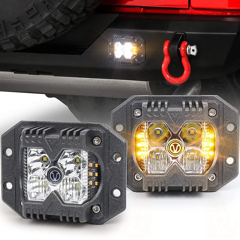 Car Front Rear Flush Mount LED Pods 2Pcs Driving Lamps Super Bright White Amber Fog Light Off Road Lights for Truck Bumper Boat
