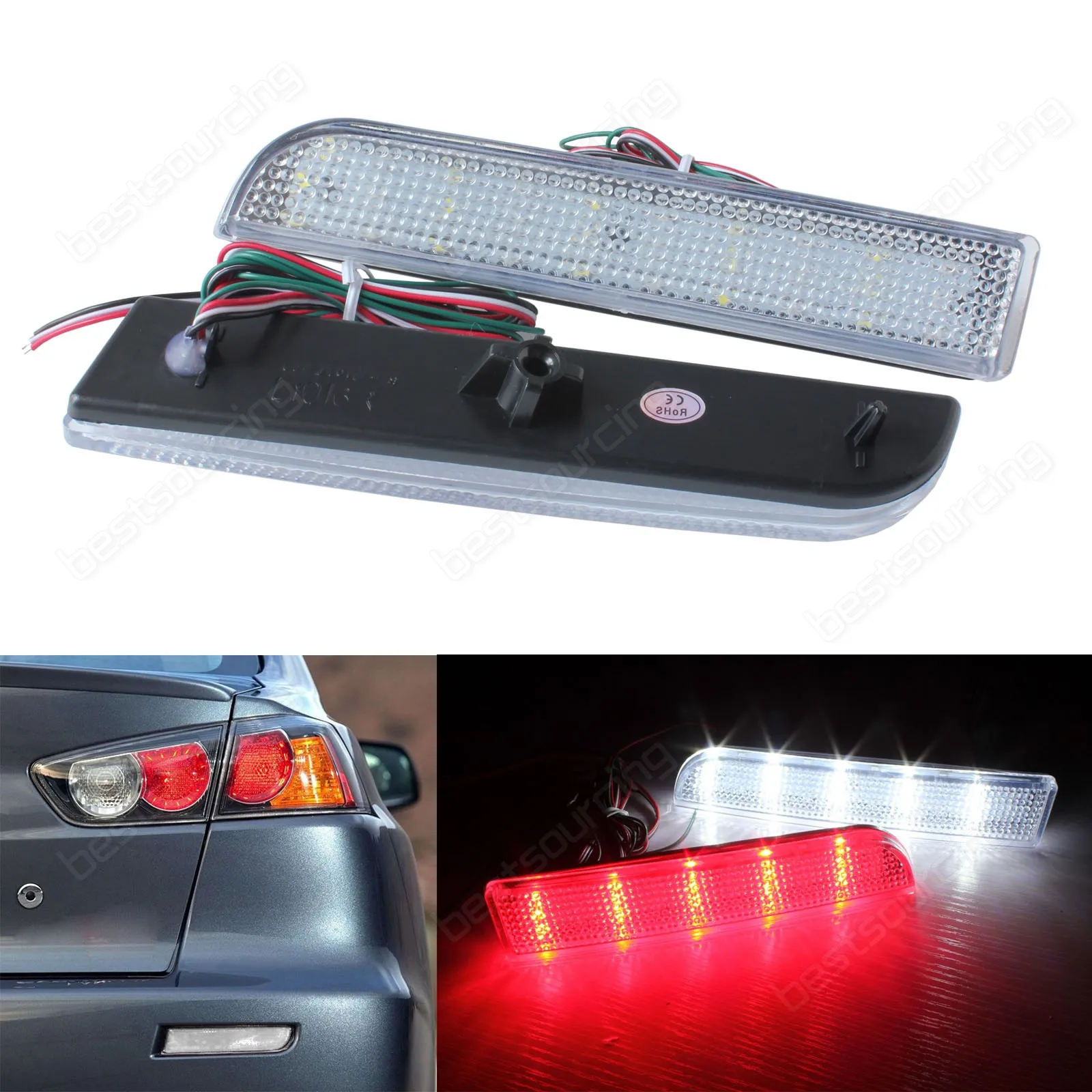 ANGRONG 2x Clear Lens Rear Bumper Reflector LED Reverse Tail Stop Brake Light For Mitsubishi Lancer Evo X Outlander