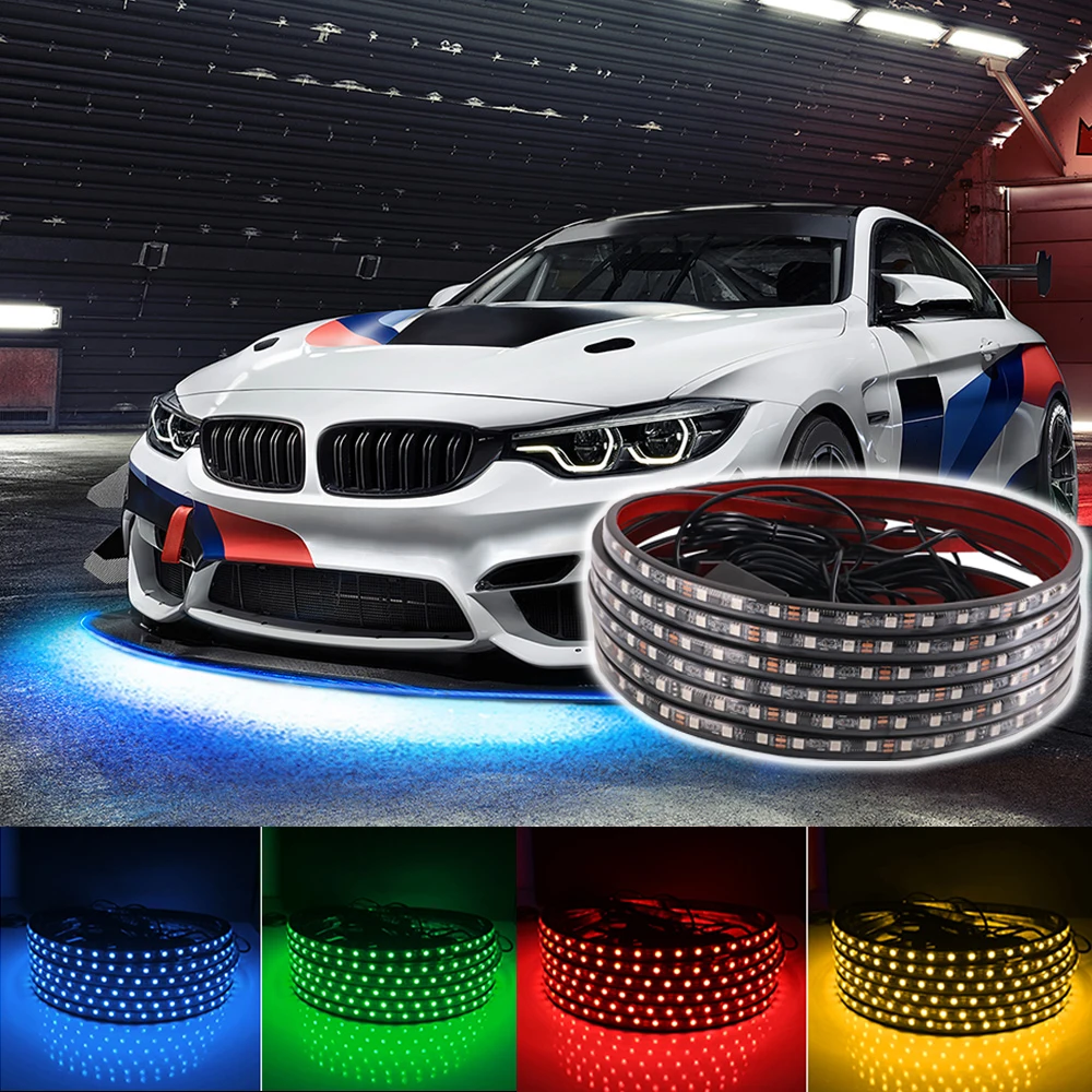 4Pcs Car Underglow Flexible Strip LED Sound Active Remote/App Control RGB Tube Auto Underbody System Neon Decor Light Lamp 12V