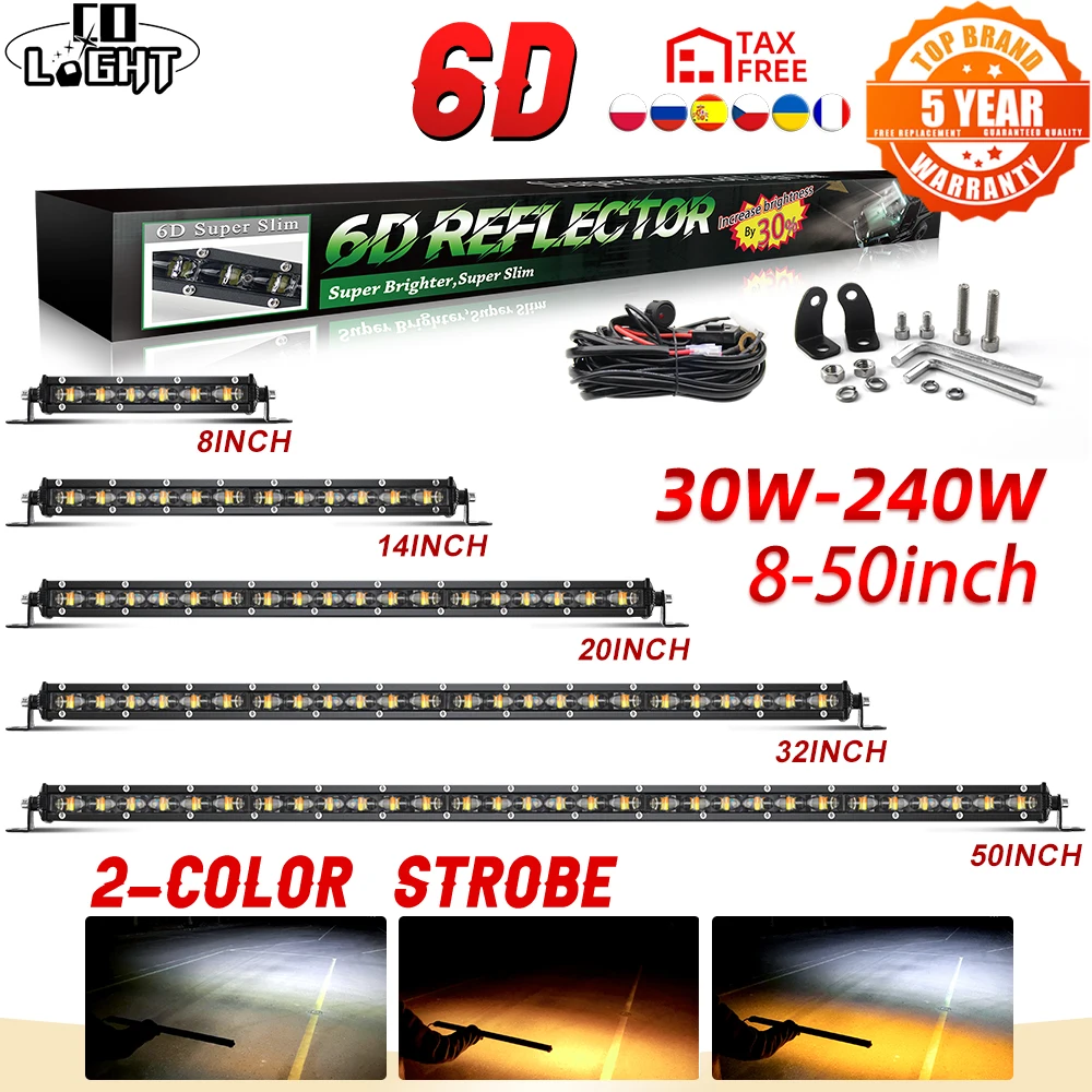CO LIGHT Super Slim 6D Led Light Bar Strobe Flash Amber White Double Color Offroad Led Bar for Car Tractor Boat 4WD SUV 12V 24V