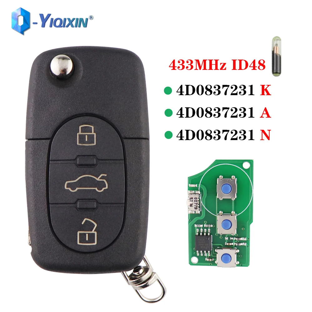 YIQIXIN 3 Button Flip Smart Remote Key 433Mhz ID48 Chip For Audi A3 A4 A6 A8 TT Allroad Quattro 4D0837231A 4D0837231K 4D0837231N