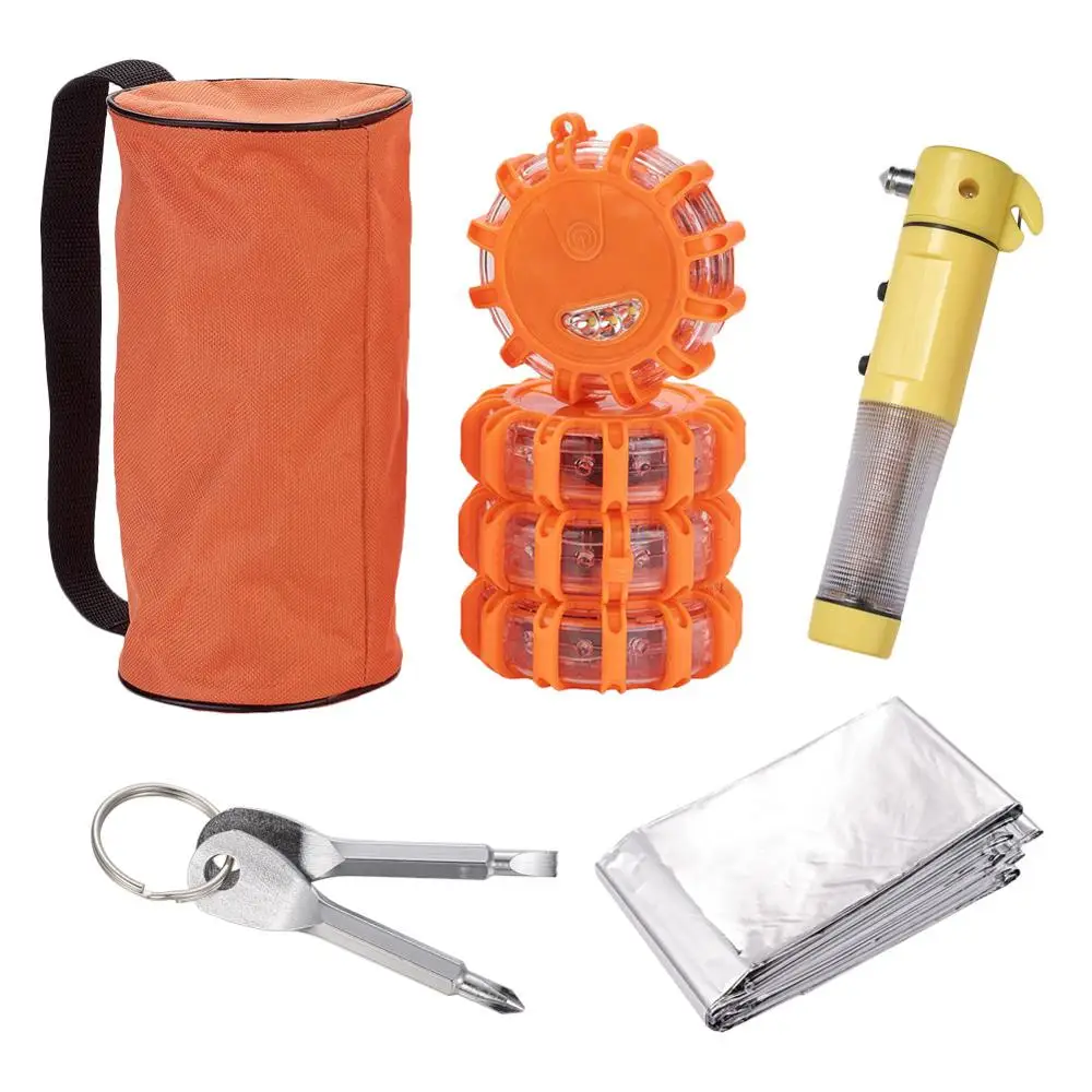 Car Emergency Escape Tool 4 LED Road Rescue Safety Flashing Lights Roadside Beacon Lamps Mini Screwdriver Key Emergency Blankets