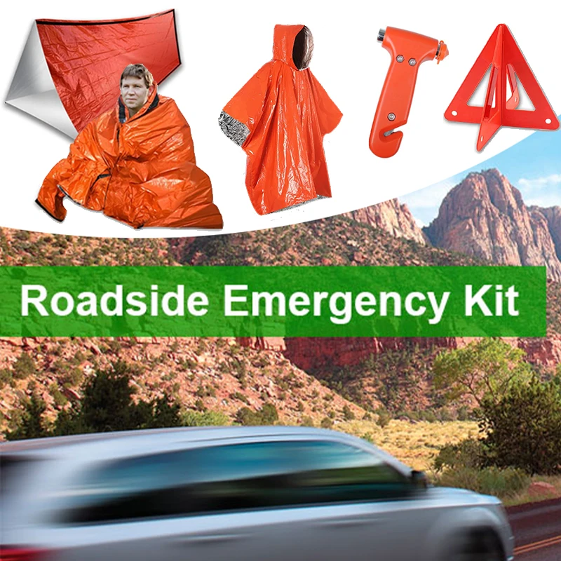 Emergency Tent and Sleeping Bag with Survival Whistle Auto Roadside Assistance Essential Tool Mylar Blanket Safety Hammer