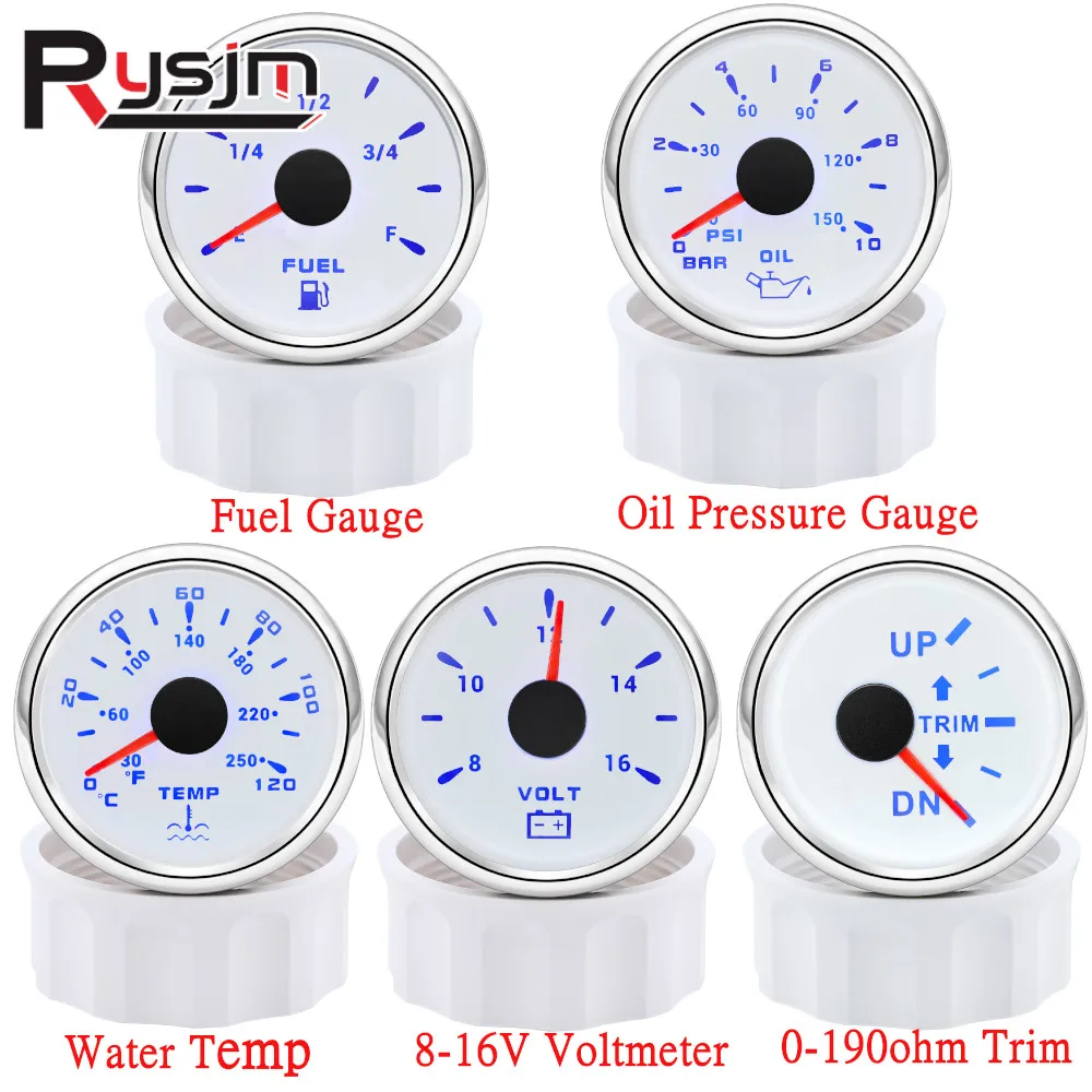 7 Color Light 52mm Gauge Set Fuel Level Gauge+Oil Press+Water Temperature+Voltmeter+Trim Meter For Marine Boat Car Truck 9-32V