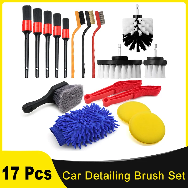 17 Pcs Car Detailing Cleaning Brush Set Auto Drill Brush Attachment with Car Wash Mitt and Tire Brushes for Cleaning Interior