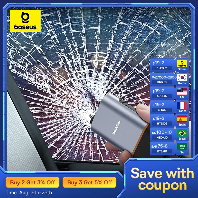 Baseus 3 in 1 Car Safety Hammer Window Glass Breaker Emergency Escape Seat Belt Cutter with LED Lighting Auto Escape Tool