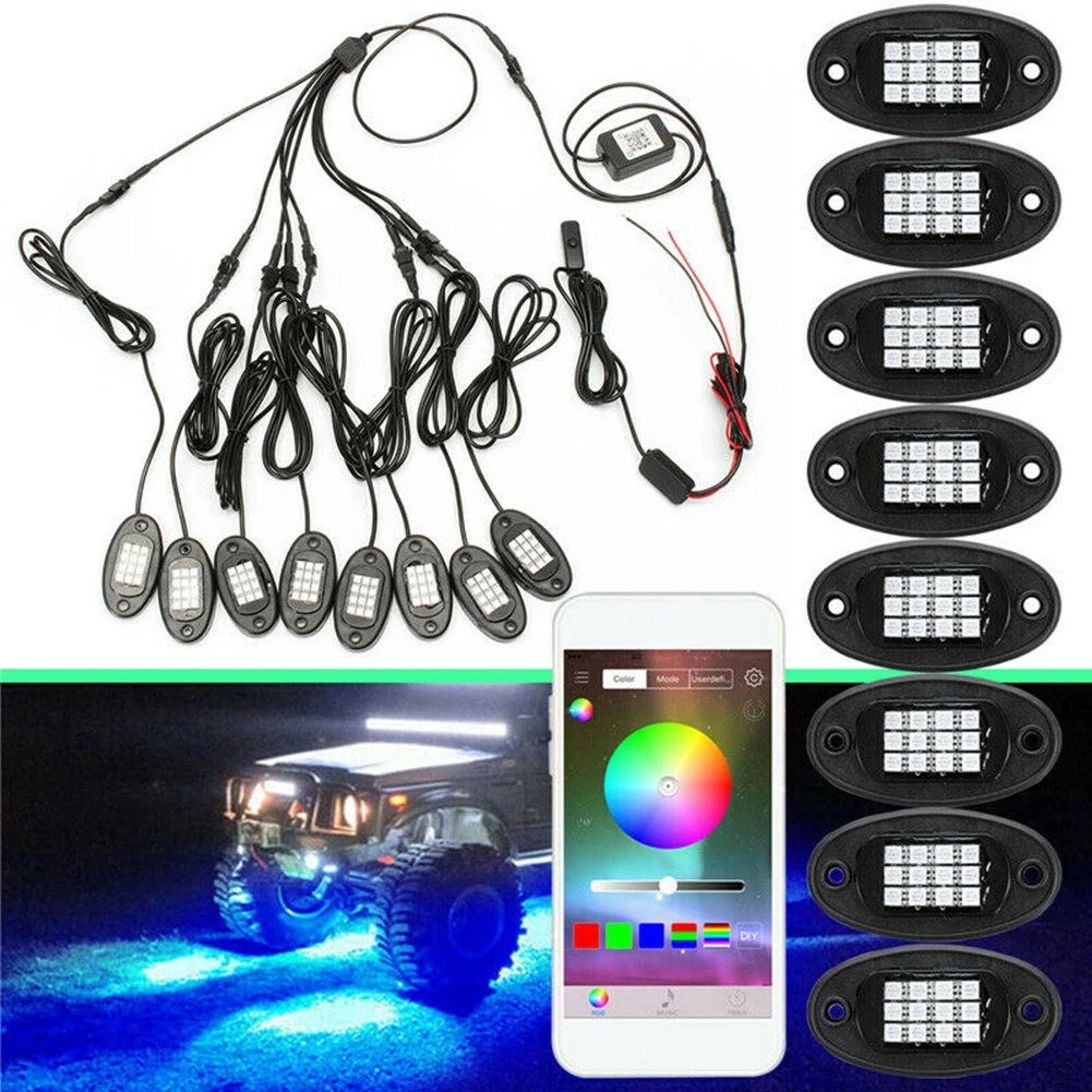 8Pcs LED RGB Underbody Light bluetooth-compatible Wireless Rock Lamp Off-Road Truck Boat