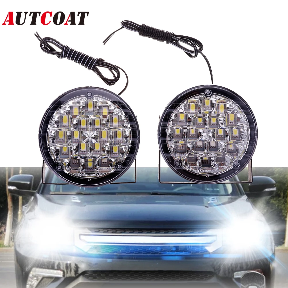 Car Round LED Daytime Running Light 18 LED Car Front Fog Lamp Driving Bulbs White 12V Auto DRL for Tractor Offroad Truck SUV