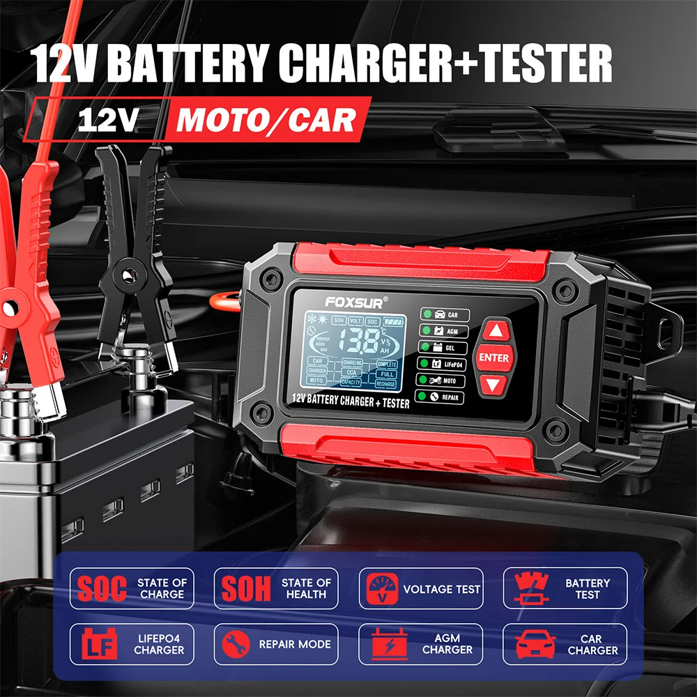2 in 1 Car Battery Charger&Tester 12V 6A 1.9" LCD Display Motorcycle Truck AGM LiFePO4 Lead Acid Smart Battery Maintainer