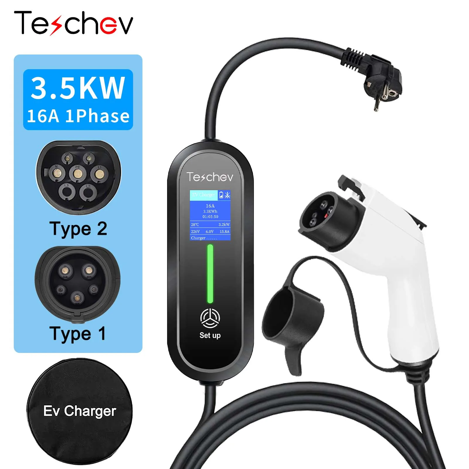 Teschev Portable EV Charger 3.5KW Type 2 EVSE Charging Box Level 2 J1772 Type1 Charger 16A GBT Car Charger for Electric Car