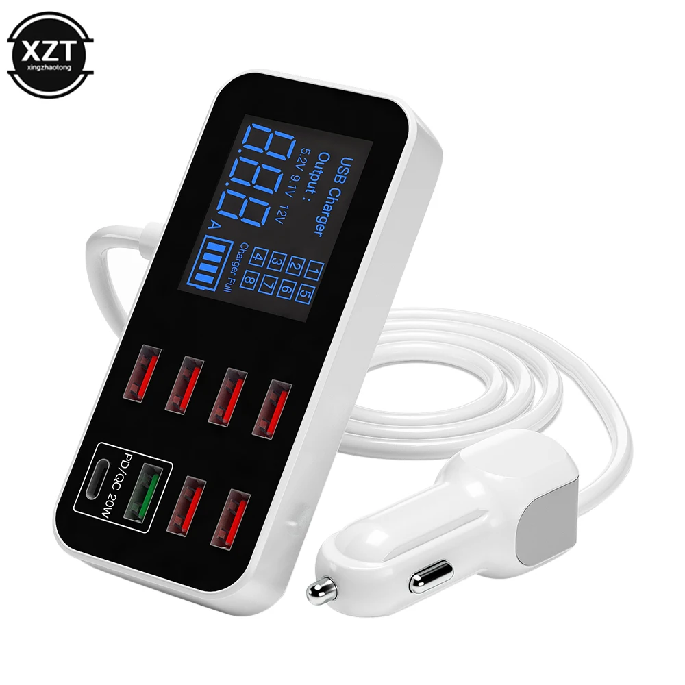 A9S Car Phone Socket 8-port Multi USB Thin Digital Display PD Fast Charger Multi-function Smart Car Charger Car Accessories