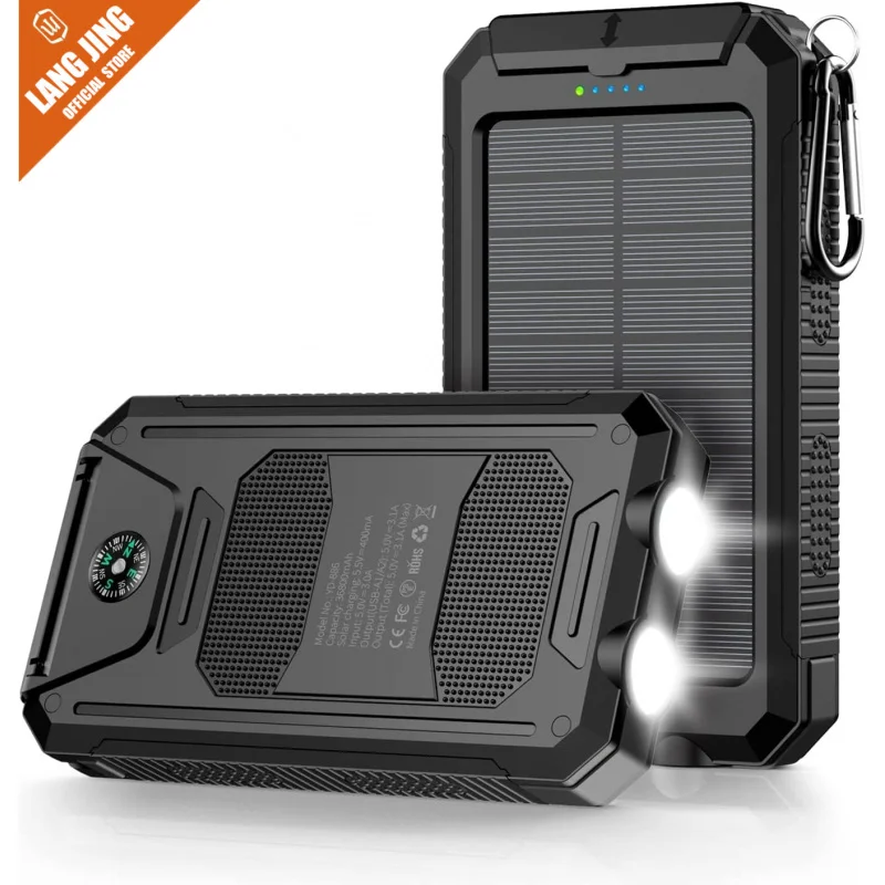 Power Bank, solar charger, 36800mAh 5v3.1a QC 3.0 dual 2 USB port built-in powerful flashlight IPX7 (black)
