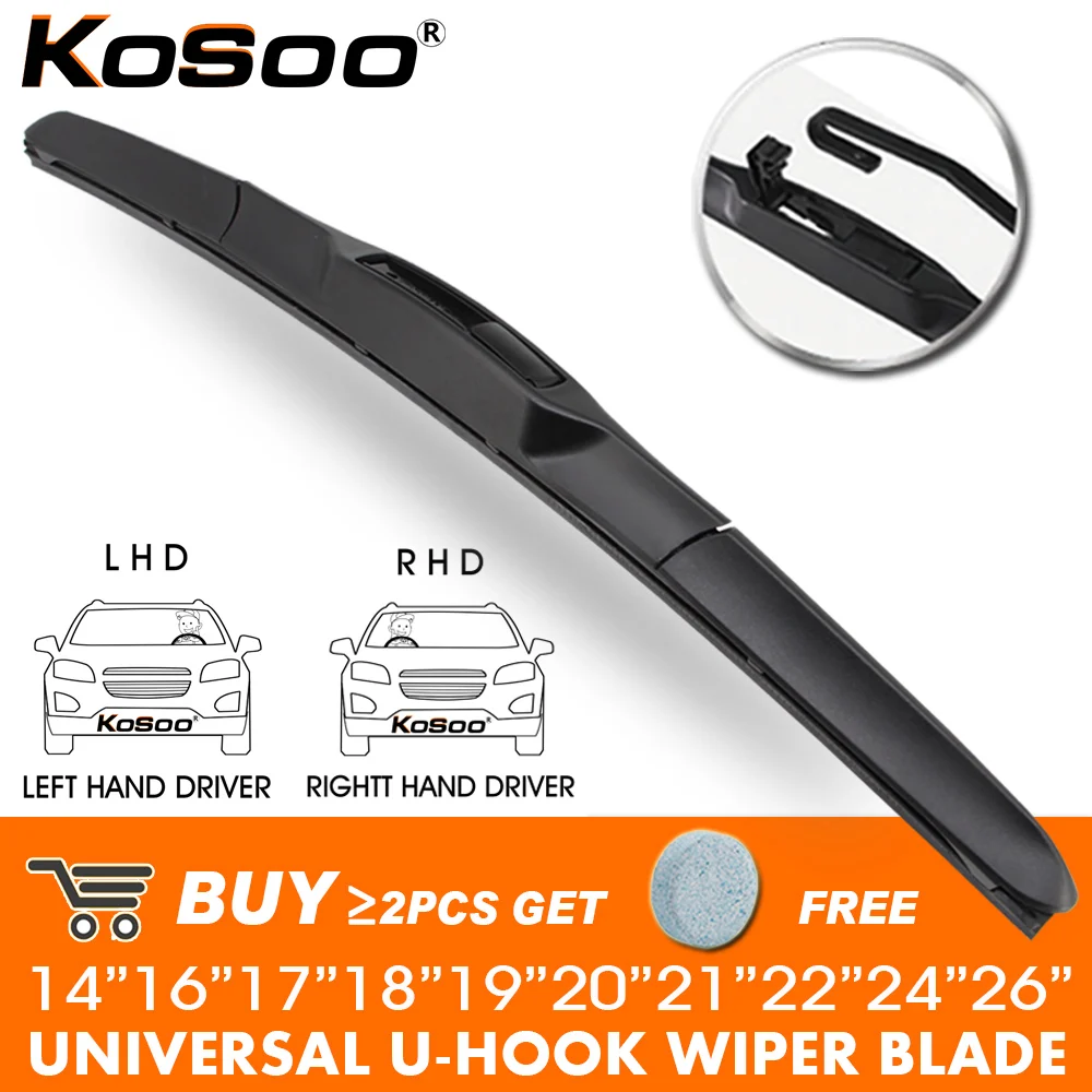 KOSOO Wiper Blade Universal U J Hook 14"16"17"18"19"20"21"22"24"26" Windscreen Windshield Rubber LHD/RHD Hybrid Car Accessories