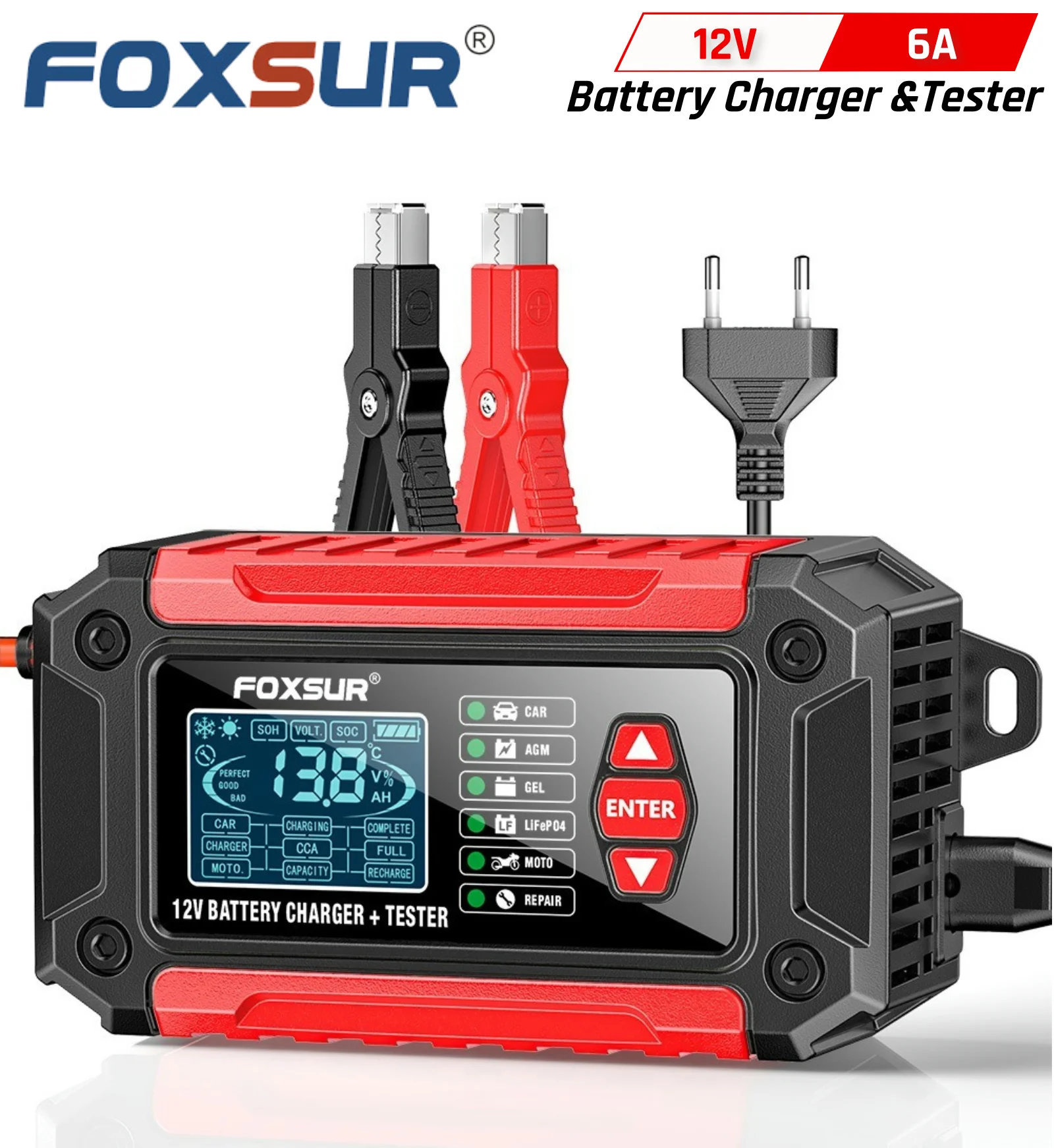 FOXSUR 12V Car Battery Charger CCA SOH Volt SOC Tester Analyzer, Motorcycle AGM GEL LiFePO4 Battery Charging for Boat Lawn Mower
