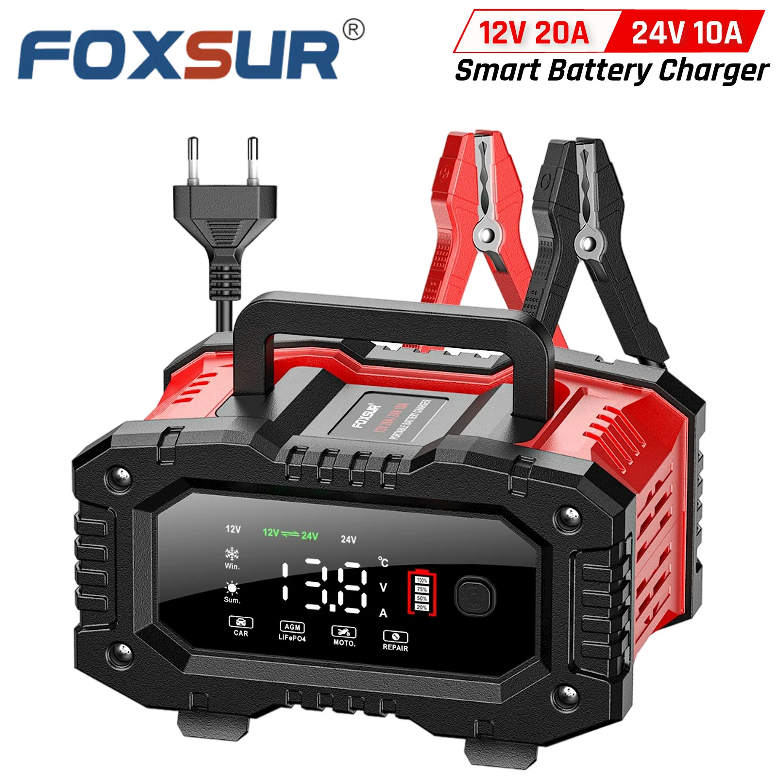 FOXSUR Portable 20A Car Battery Charger for 12V 24V Motorcycle Truck AGM LiFePO4 Lead Acid Batteries Maintainer Cars Accessories