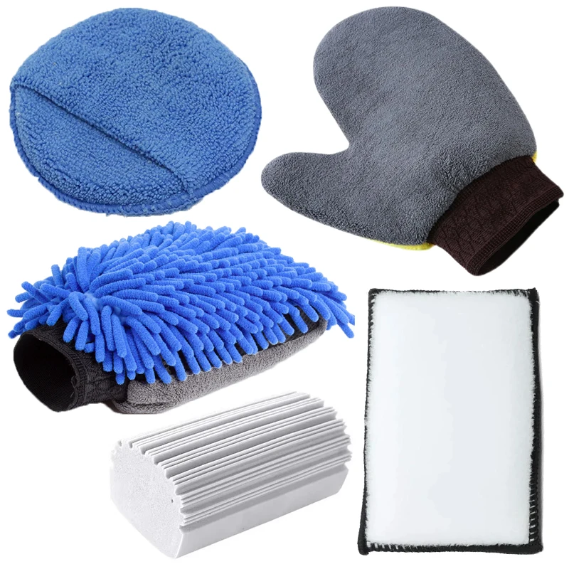 5Pcs Auto Interior Fleece Scrubbing Sponge Microfiber Wax Applicator Pad Car Wash Clening Gloves Water Absorption Cleaning Tools
