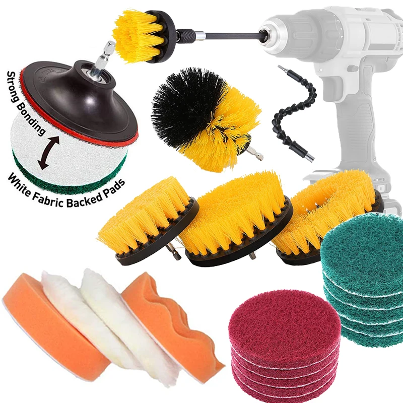 Drill Brush Attachment Set for Cleaning  Power Scrubber Brush Pad Sponge Kit with Flexible Extend Rod for Bathroom Car Carpet