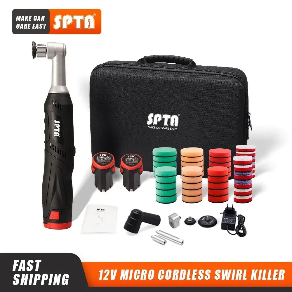SPTA 12V Cordless Mini Car Polisher Machine Scratches Killer Detailing RO/DA Tools with Sponge Pads Kit Accessories