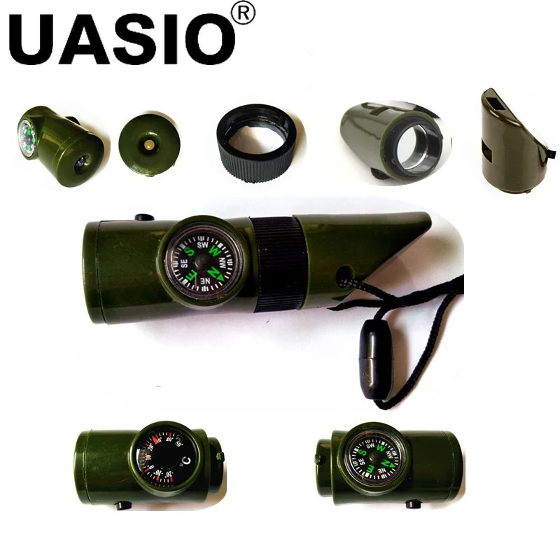 7in1 Emergency Survival Whistle Compass Multifunction Tool Magnifier Flashlight Storage Container Thermometer for Camping Hiking