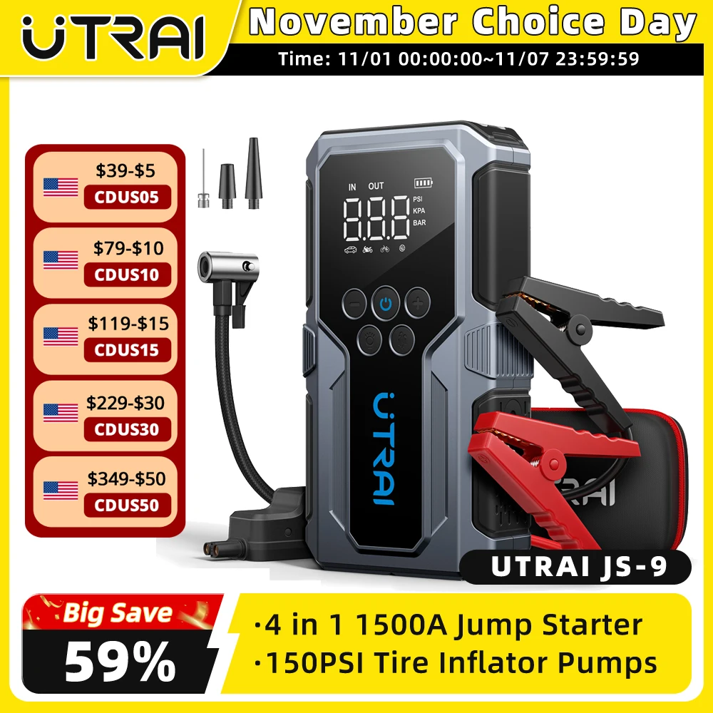 UTRAI 1500A Car Jump Starter Power Bank Portable 150PSI Air Pump Car Battery Emergency Boosters Starting Device Car Starter 2024