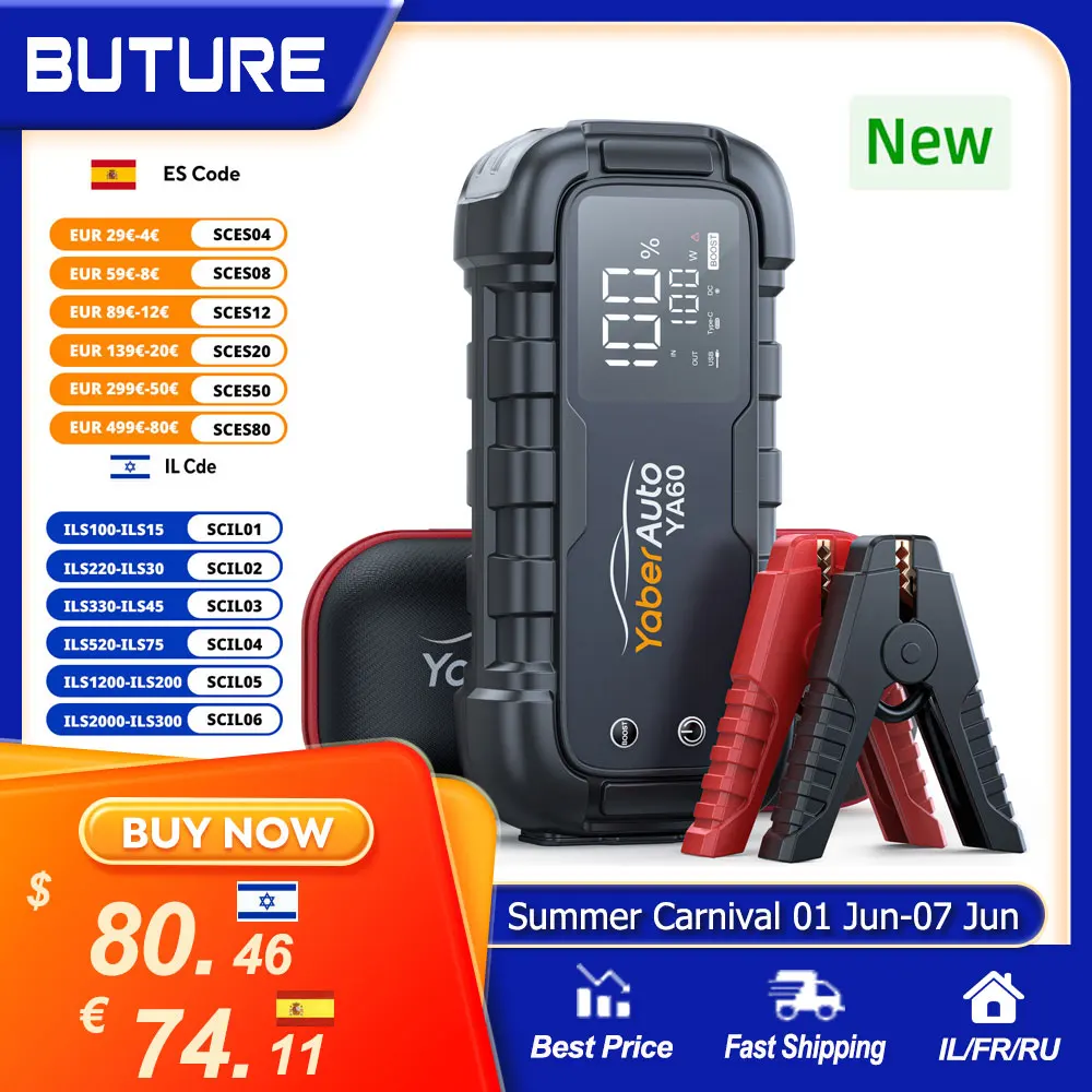 6000A Jump Starter 150W DC Car Battery Charger 3.3 LED Screen 600 Lumens Flashlight Battery Charger Super Starting Device