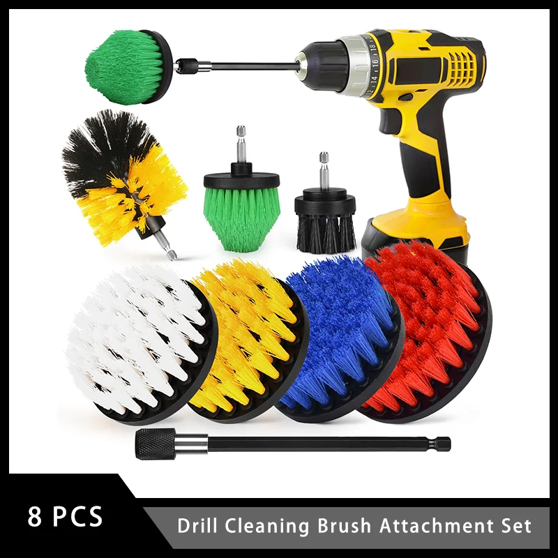 8 Pcs Drill Cleaning Brush Attachment Set with Extend Long Attachment for Cleaning Different Areas Car Bathtub Carpet Grill