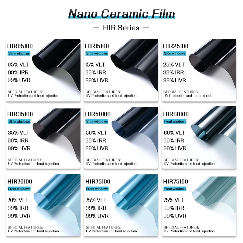 HIR100% Width 70/75/80cm Window Tint Car Solar Film 2Mil Nano Ceramic Foils UV Car window film Sticker Films 5%~75%VLT