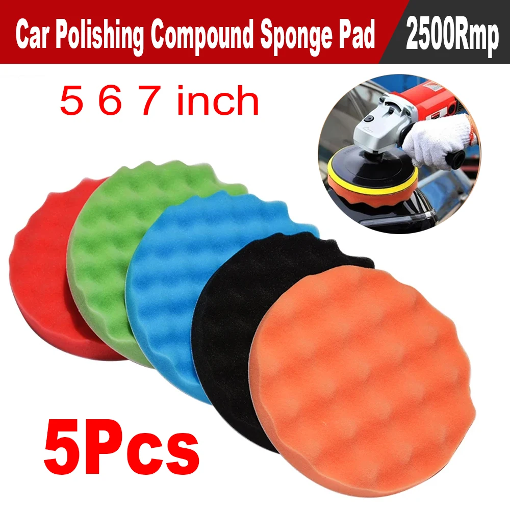 5Pcs Car Polisher Compound Polishing Sponge Pad 6/ 7" Auto Beauty Polishing Tool Kit 2500Rmp For Wash & Maintenance 150/180MM