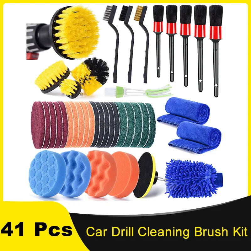 41 Pcs Car Drill Attachments Cleaning Brush Set with Detailing Brush Set for Cleaning Automotive Wheels Dashboard Interior