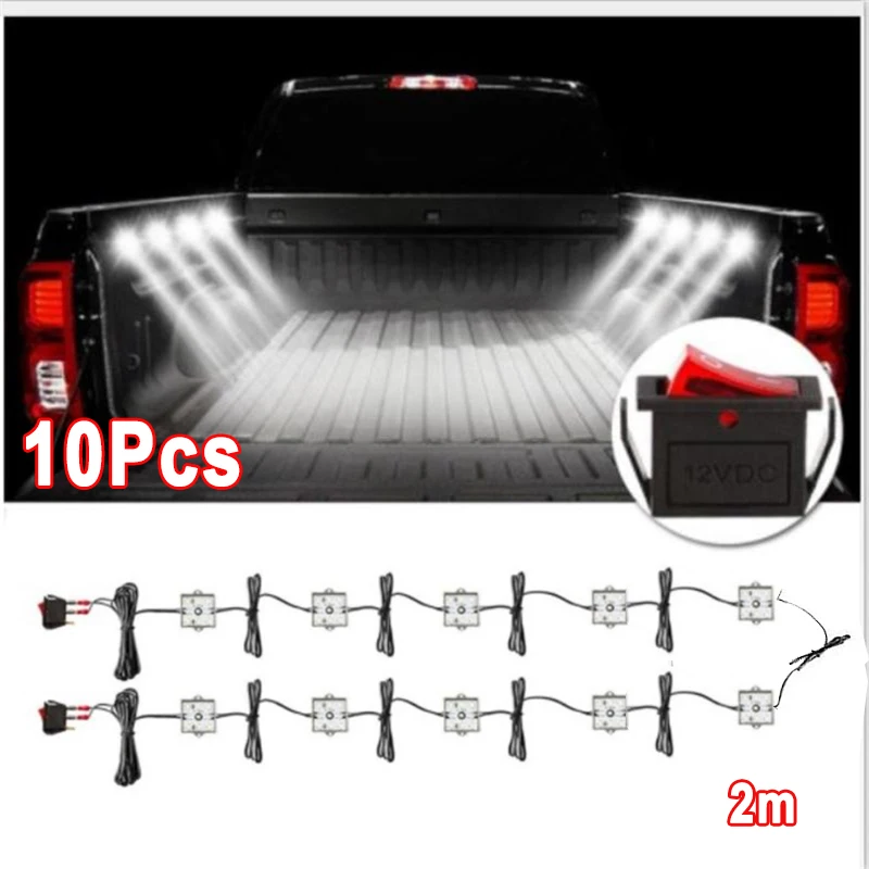 10Pcs 2m Universal LED Lights Pickup Truck Bed Ambient Lighting 12V 6000K 48 LEDs Waterproof for RV Van Boat Pickup