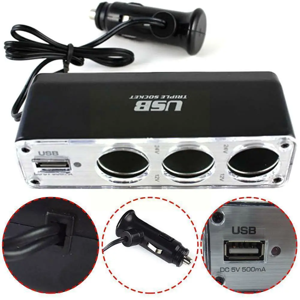 3 Way Multi Socket Car Cigarette Lighter Splitter USB Plug Adapter With Port Triple 12V/24V Charger USB DC BX K4E3