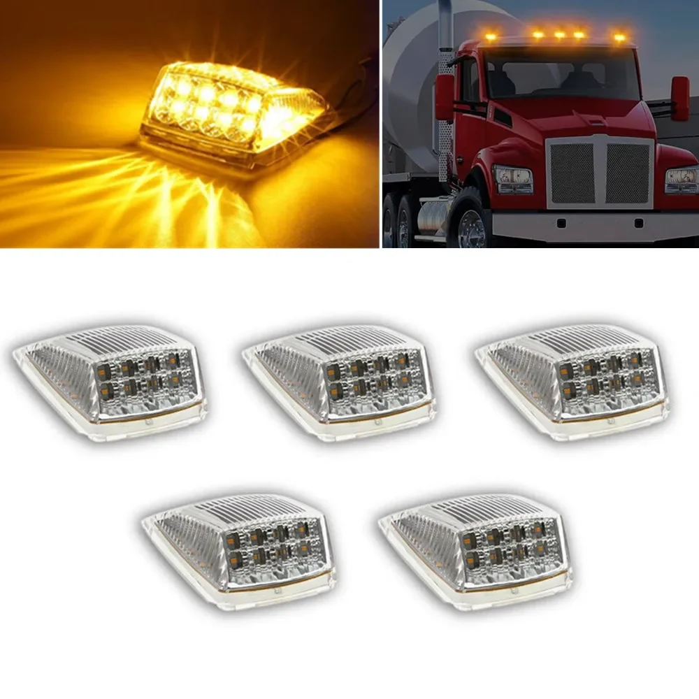 5PCS 17LED Clear Lens Cab Marker Top Roof Running Truck Cab Light Waterproof Top Reflective Lights for Freightliner Kenworth