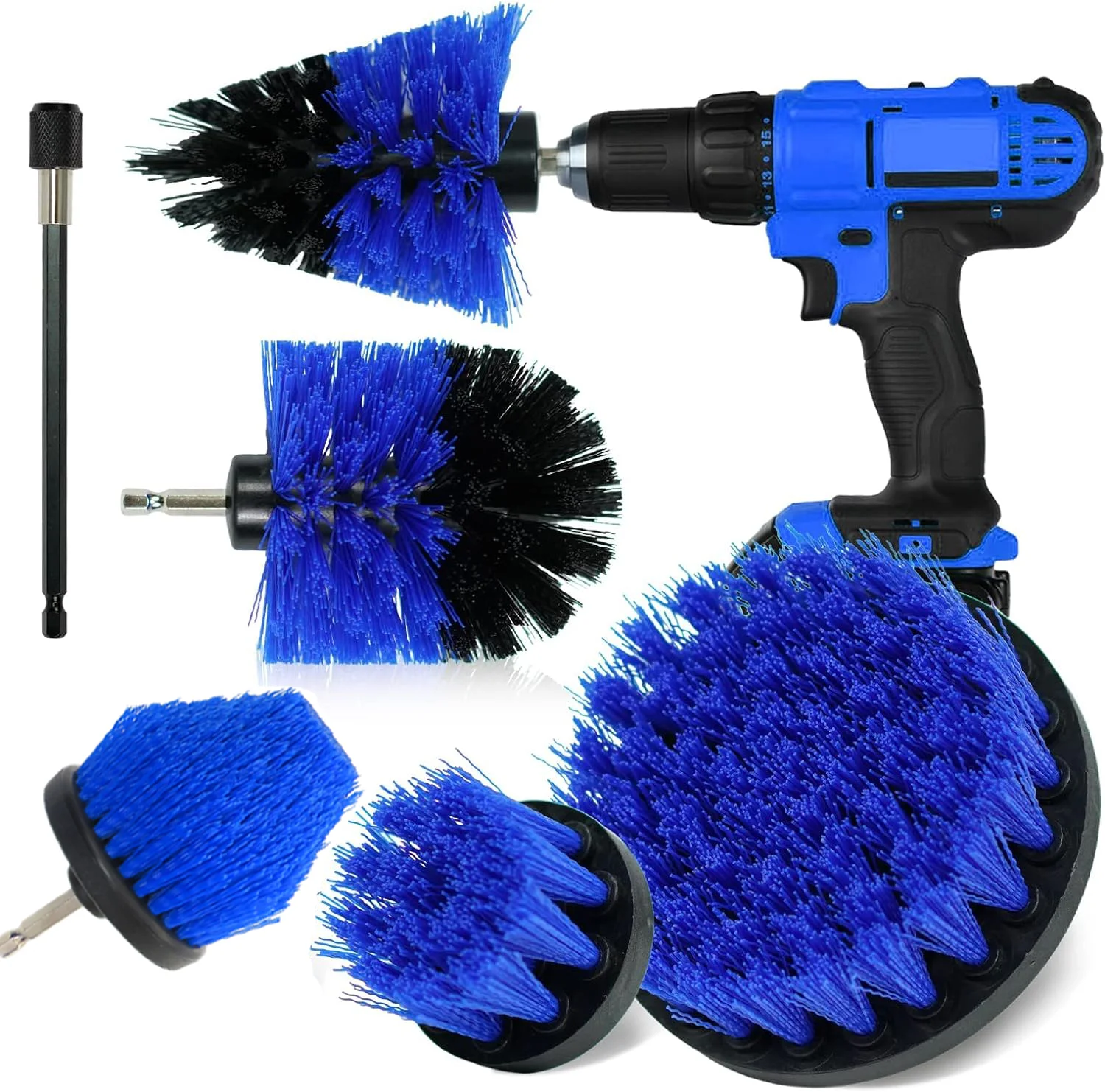 6 Pcs Blue Drill Cleaning Brush Set with Extend Long Attachment Suitable for Cleaning Bathroom Surfaces Grout Wheels Car