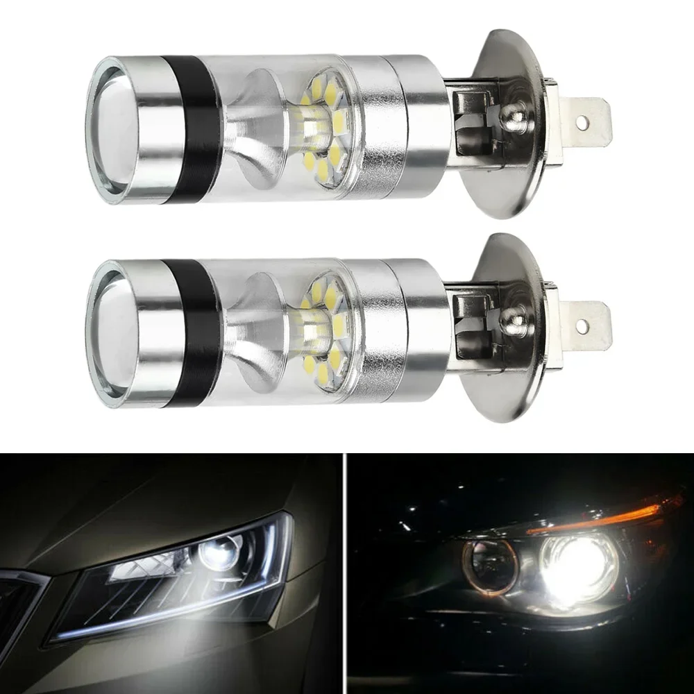 2pcs H1 Car Headlight Bulbs 100W LED White 12-24V 20-SMD Projector Fog Driving DRL Light Bulb 6000K Fog DRL Driving Auto Lamp