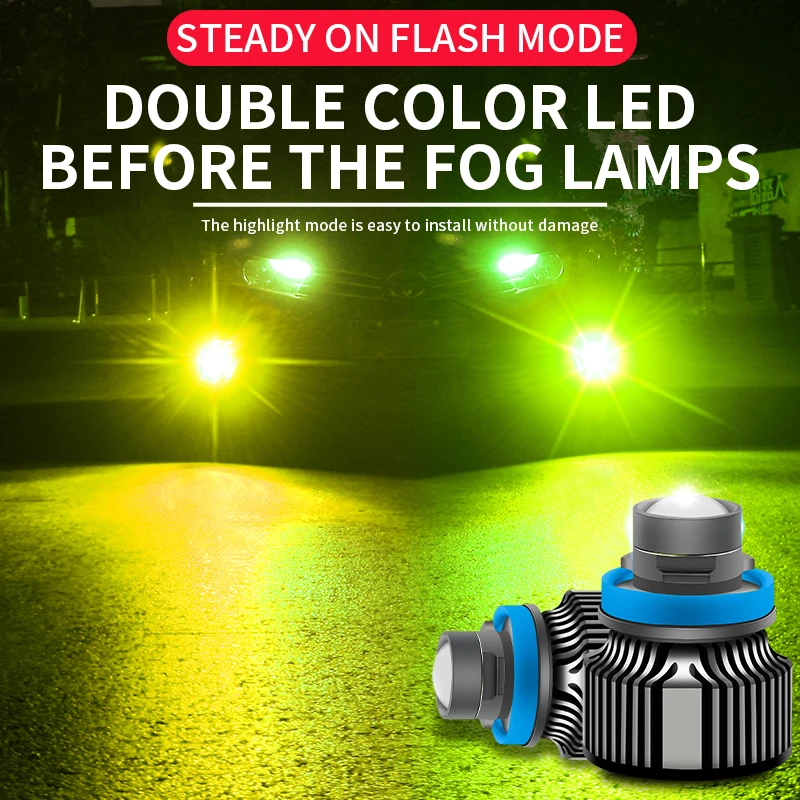 Flash dual color Laser led headlight Lemon greeen color h7 h11 9005 9006 50w led lens fog light yellow green white car led bulbs