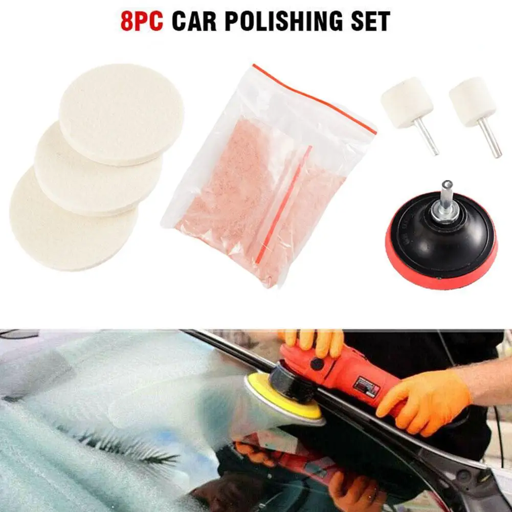 8pcs Car Glass Polishing Grinding Kit Scratch Removal Auto Windshield Window Glass Wiper Felt Pad Repair Tool 50g Cerium Oxide