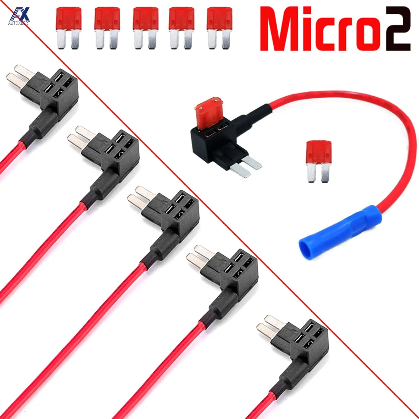 5 Pcs 12V 24V Car 16AWG Wire Fuse Holder Add-a-circuit Piggy Back TAP Adapter Kit with 10A Micro2 APT ATR Blade Fuse Holder Tool