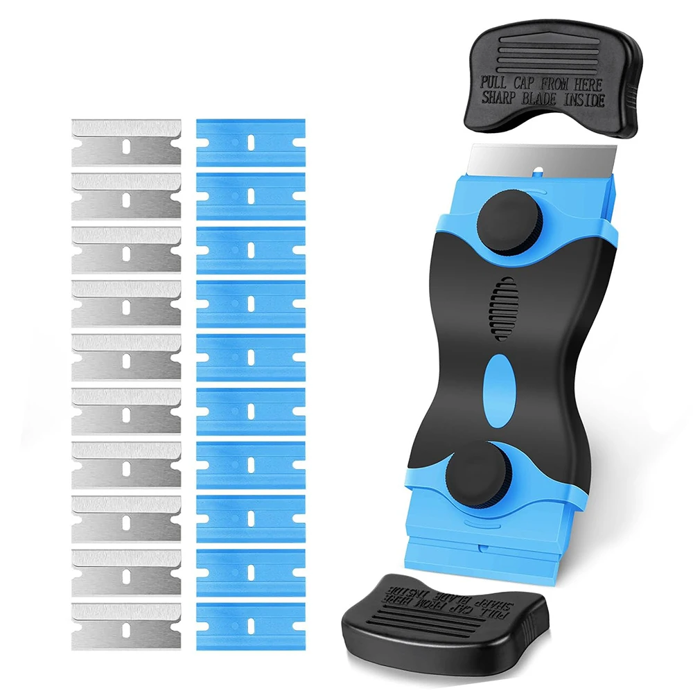 Double Edge Razor Blade Scraper with 20PCS Blades Car Stickers Remover Window Glass Stove Decals Labels Paint Cleaning Shovel