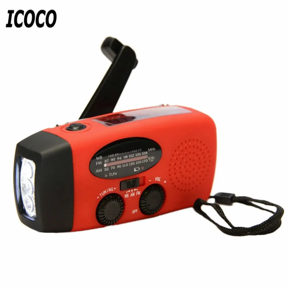 ICOCO 3 in 1 Emergency Charger Flashlight Hand Crank Generator Wind up Solar Dynamo Powered FM/AM Radio Charger LED Flashlight