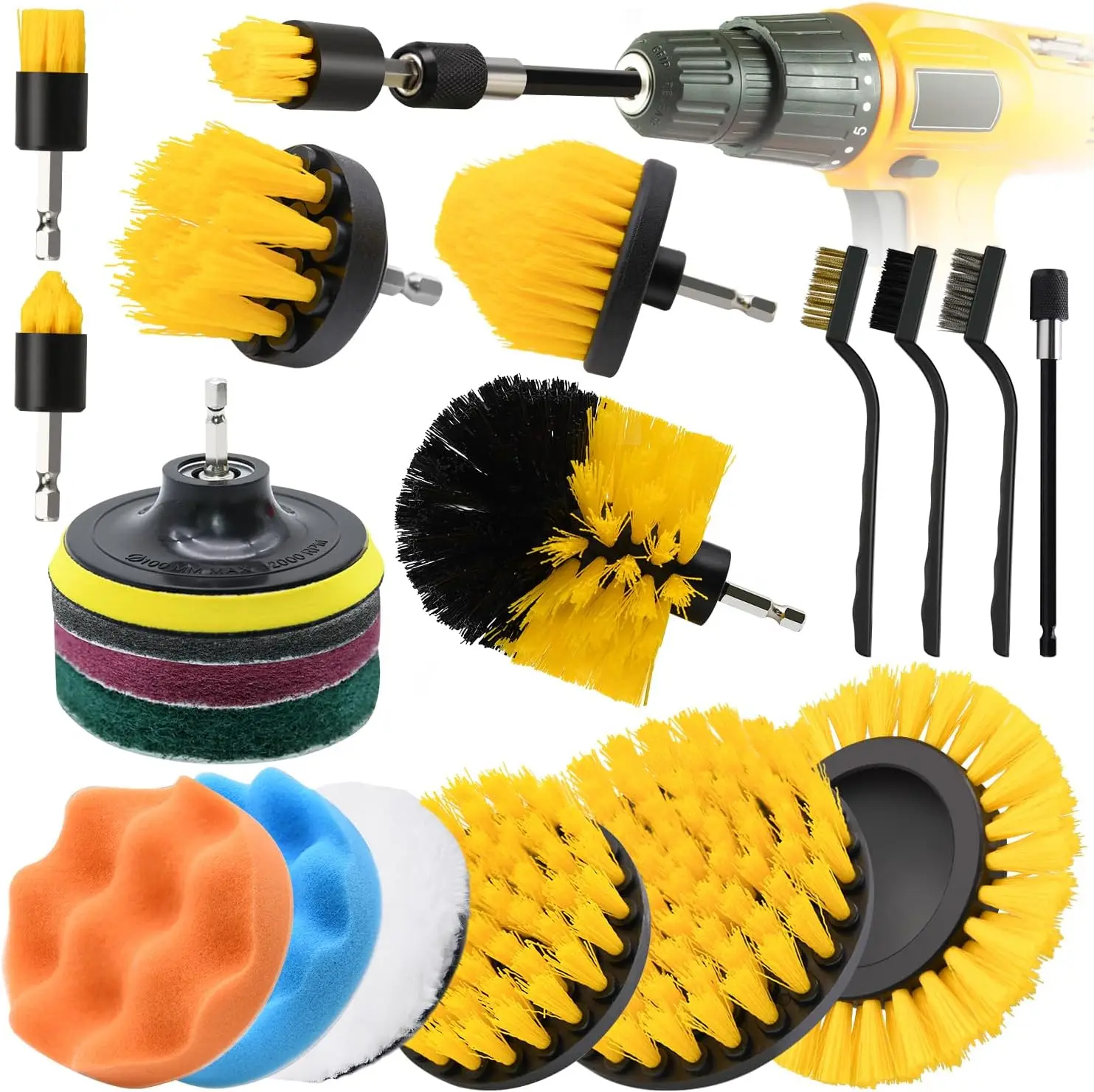 19 Pcs Drill Cleaning Brush Attachment Set with Power Scrubber Brush for Car Grout Floor Tub Shower Tile Carpet Corner Floor