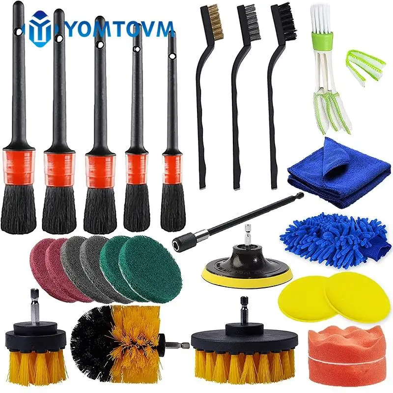 27Pcs Car Cleaning Brush Detailing Brush Sets Drill Brush Attachment for Auto Interior Exterior Leather Air Vents Clean Parts