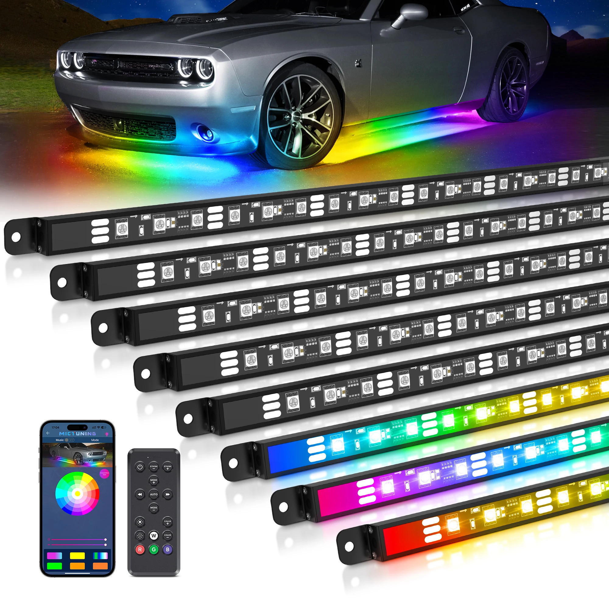 N8 Car Underglow Light Bar Kit,  RGB+IC LED, Exterior Underbody Multicolor Neon Light Strip, Wireless App & Remote Control