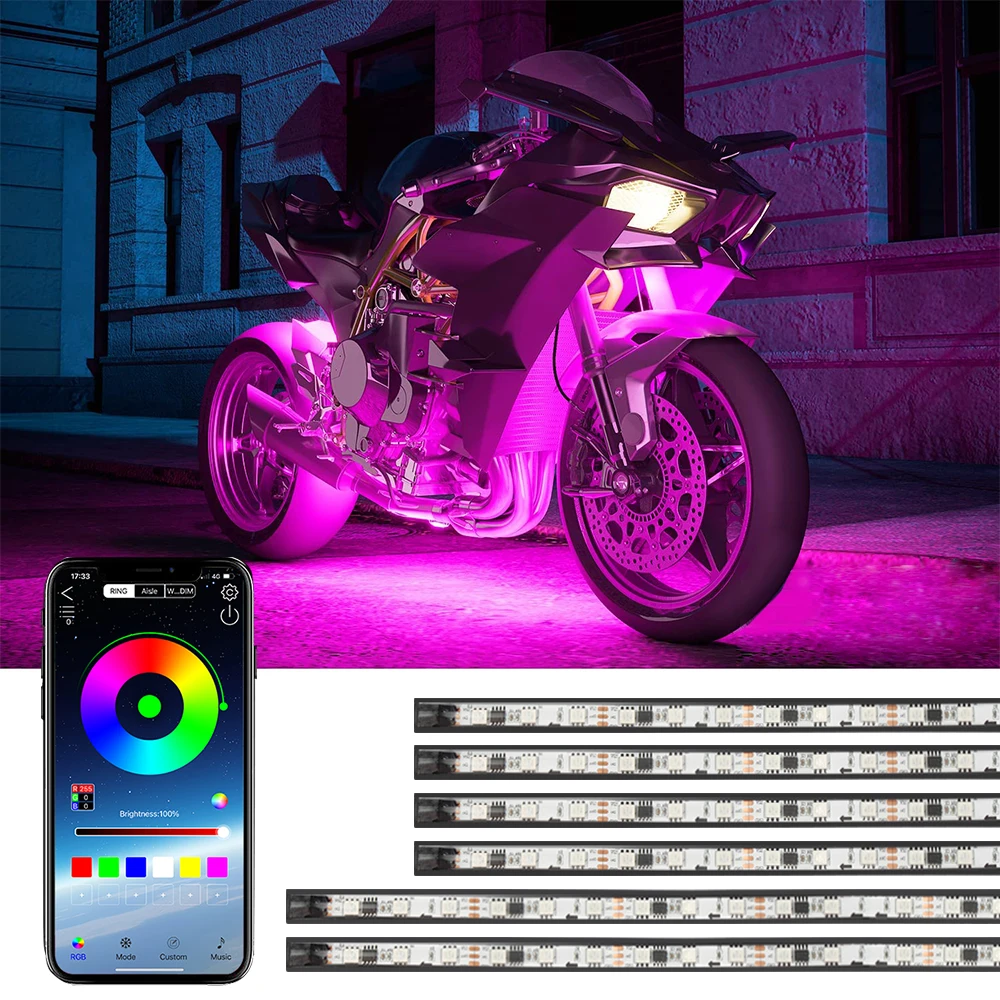 OKEEN 6pc RGB Motor LED Strip Universal Underbody Decorative Strip Light For Car Motorcycle Drive Underglow Atmosphere Light 12V