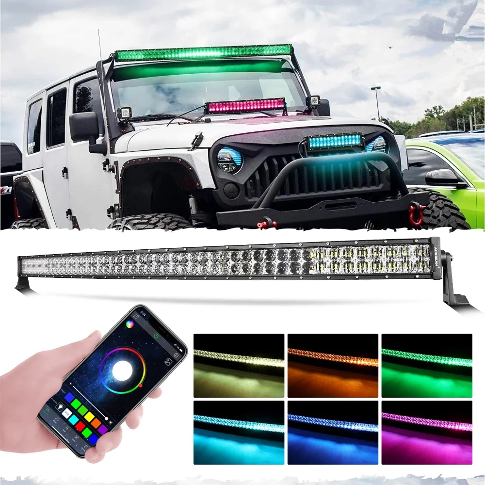 AUXBEAM 42inch / 52 inch LED Work Light Bar Multicolor RGB+White 5D Curved Straight Offroad Driving Light with Wire Harness